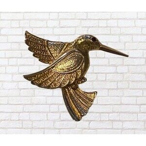 Classic Hummingbird Brooch Pin Gold Toned Red Rhinestone Eye